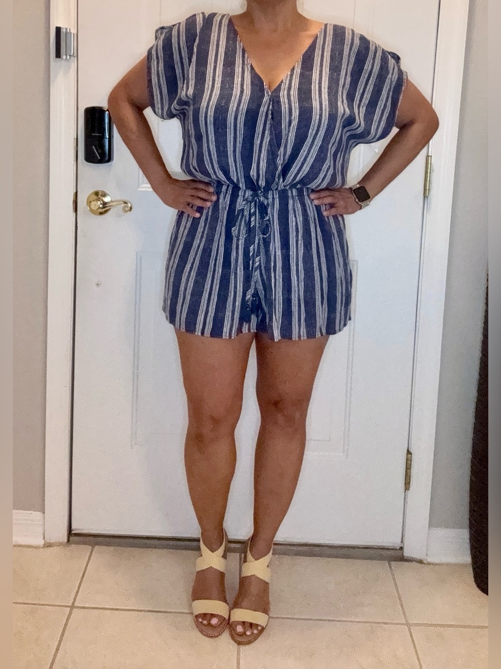 Striped Blue V-Neck Tie-Waist Romper